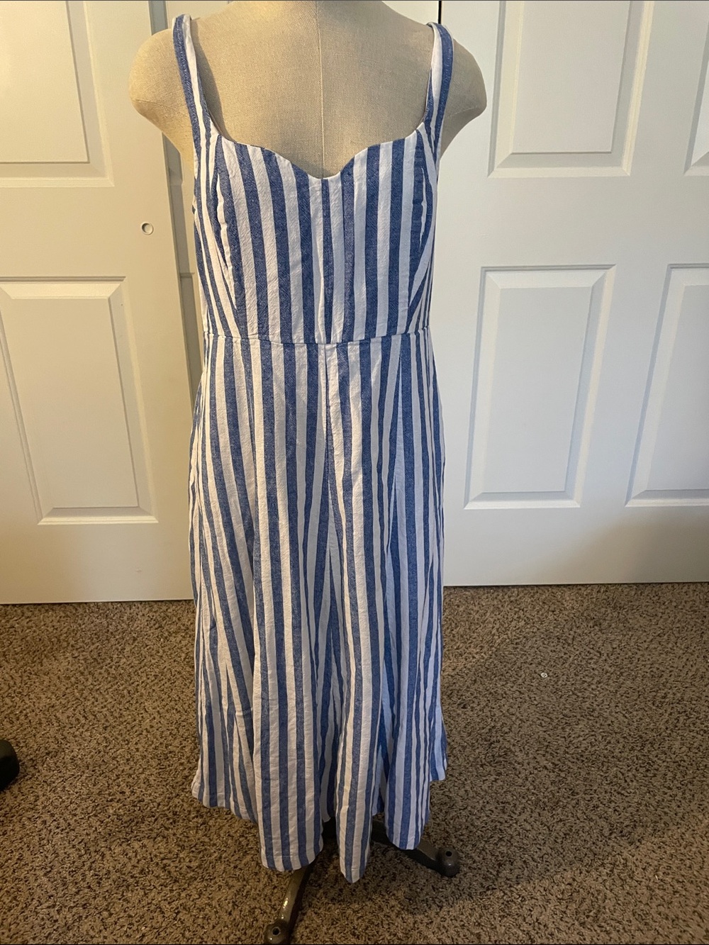 Old Navy Blue and White Striped Midi Dress mixed linen brand